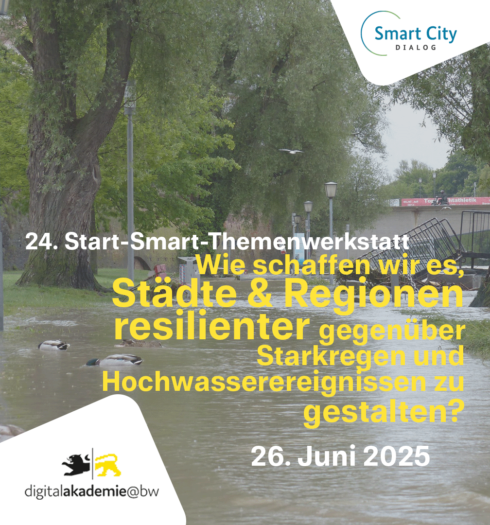 Bild von überflutetem Uferweg, Schrift "24. Start-Smart-Themenwerkstatt am 26.06.2025: Wie schaffen wir es, Städte und Regionen resilienter gegenüber Starkregen und Hochwasserereignissen zu gestalten?
